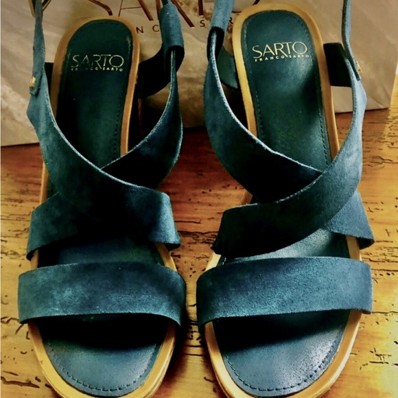 Franco Sarto Sabine lush teal blue suede crossing straps, open toe stacked heel - Picture 6 of 15